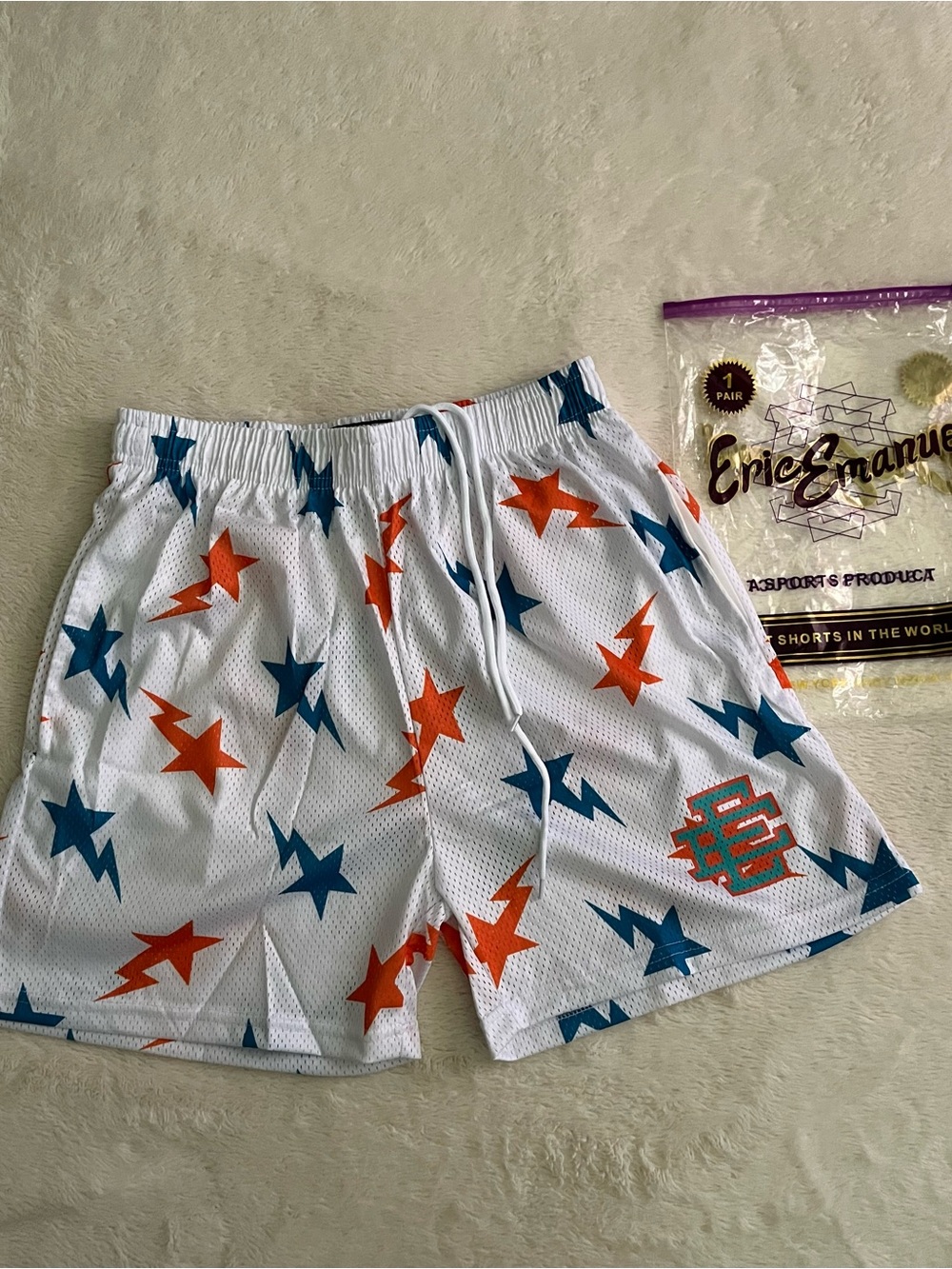 Eric Emanuel White Mesh Shorts with Orange Lightning & Blue Stars